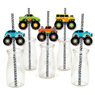 Big Dot of Happiness Smash and Crash - Monster Truck - Paper Straw Decor - Boy Birthday Party Striped Decorative Straws - Set of 24