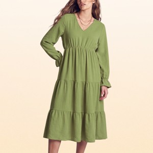EadianDree Womens Long Sleeve V Neck Tiered Midi Dress Casual High Elastic Waist Flounce Sleeve Flowy A Line Swing Dress,Grass Green