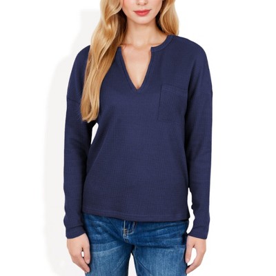 Anna-Kaci Women's Long Sleeve Waffle Knit Top with Notched Neckline and Chest Pocket