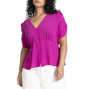 ELOQUII Women's Plus Size Shirred Sleeve Top With Buttons - 1 of 4
