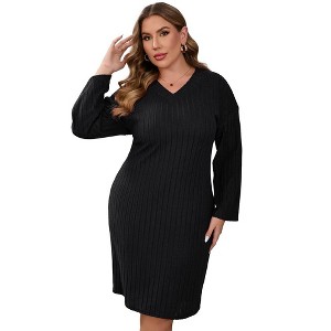 Garvee Womens Plus Size Sweater Dress Long Sleeve Ribbed Knit Dress Winter Loose Casual Pullover Sweater Midi Dresses - 1 of 4