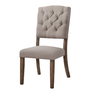 Set 2 19" Bernard Dining Chairs Linen/Weathered Oak - Acme Furniture: Curved Back, Tufted Cushion - 1 of 4