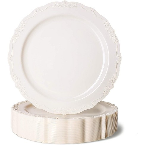 10 Pack  White 7 Round Gold and Silver Rim Plastic Dessert