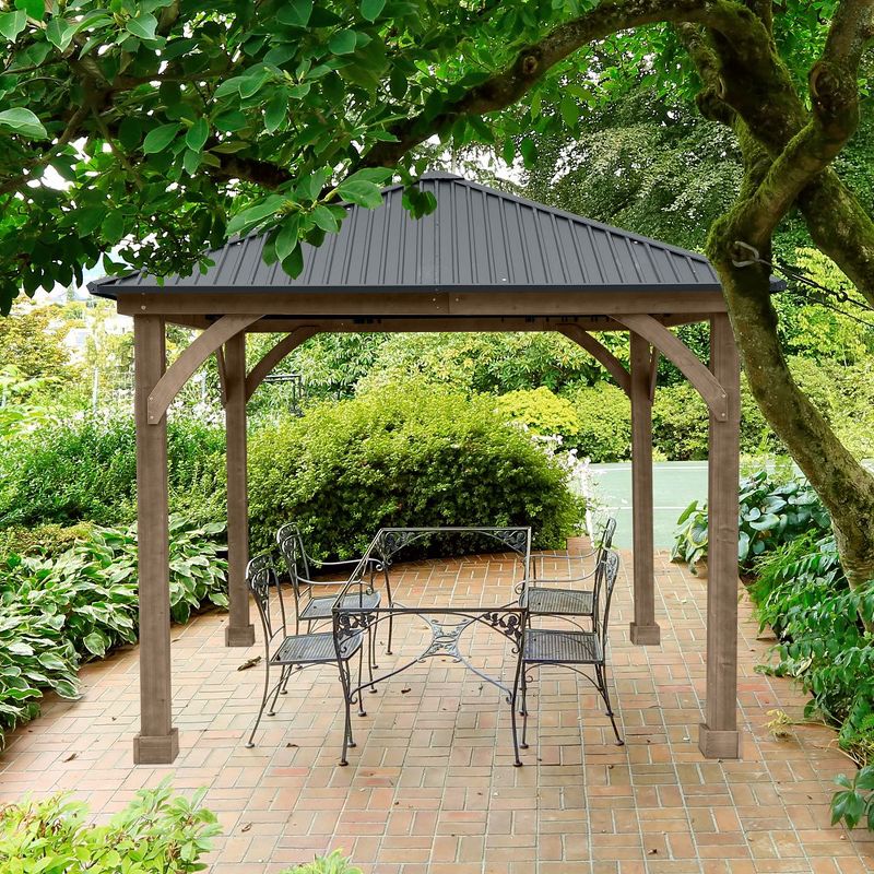 Aoodor 10 x 10 ft. Outdoor Solid Wooden Frame Gazebo with Galvanized Metal Hardtop Roof, for Patio Backyard Deck and Lawns, 5 of 7