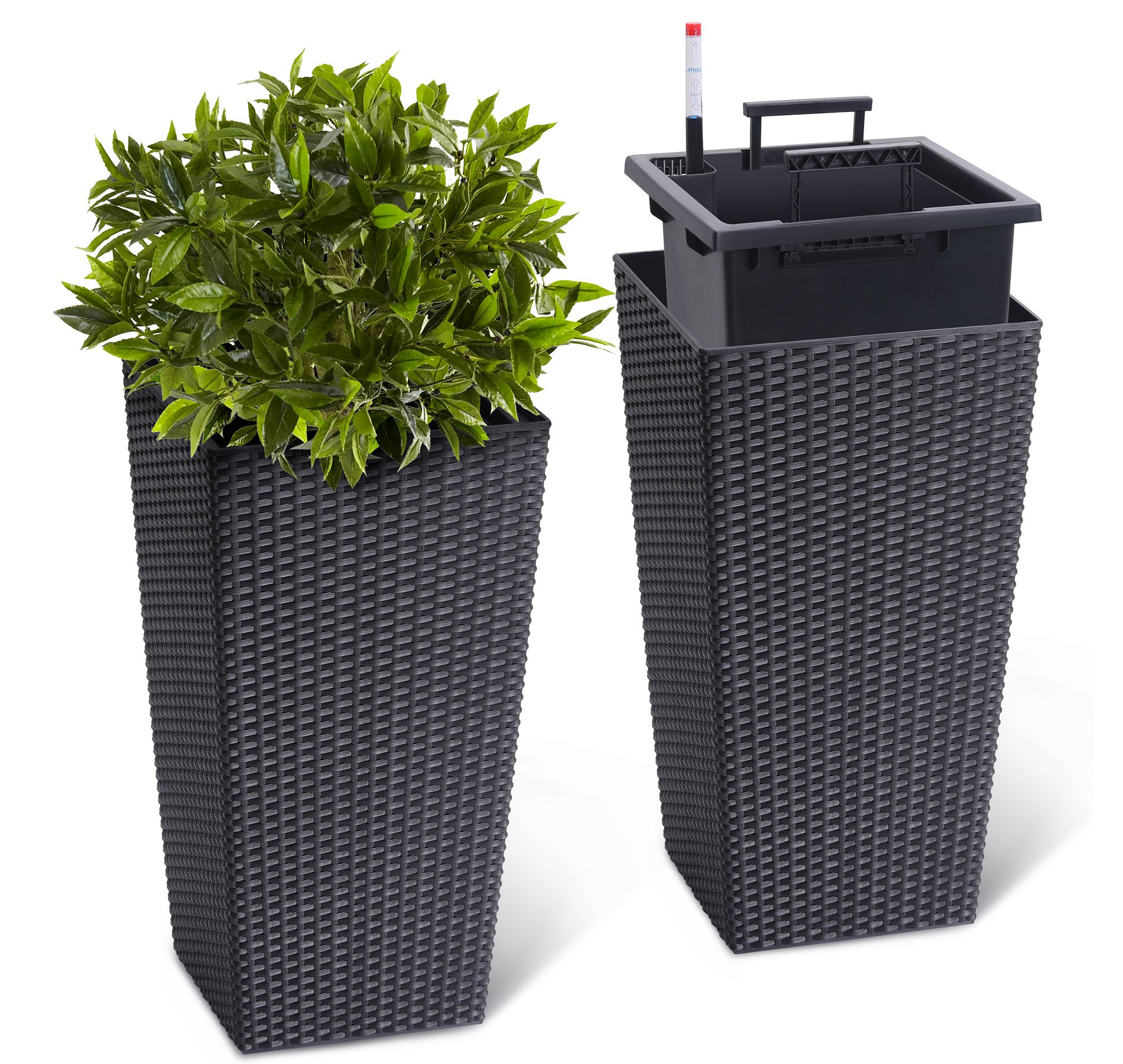 22.5 Inch Tall Planter Set of 2 Flower Pot with Water Level Monitor & Wheels Outdoor and Indoor for Patio, Living Room, or Home Office, Black