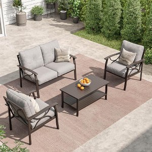 Heynemo Outdoor Patio Furniture Set, 4 Piece Patio Conversation Set with Coffee Table, Metal Furniture Set for Porch Backyard Garden, Coffee - 1 of 4