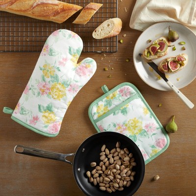 Pink and Yellow Floral Cotton Oven Mitt and Pot Holder Set