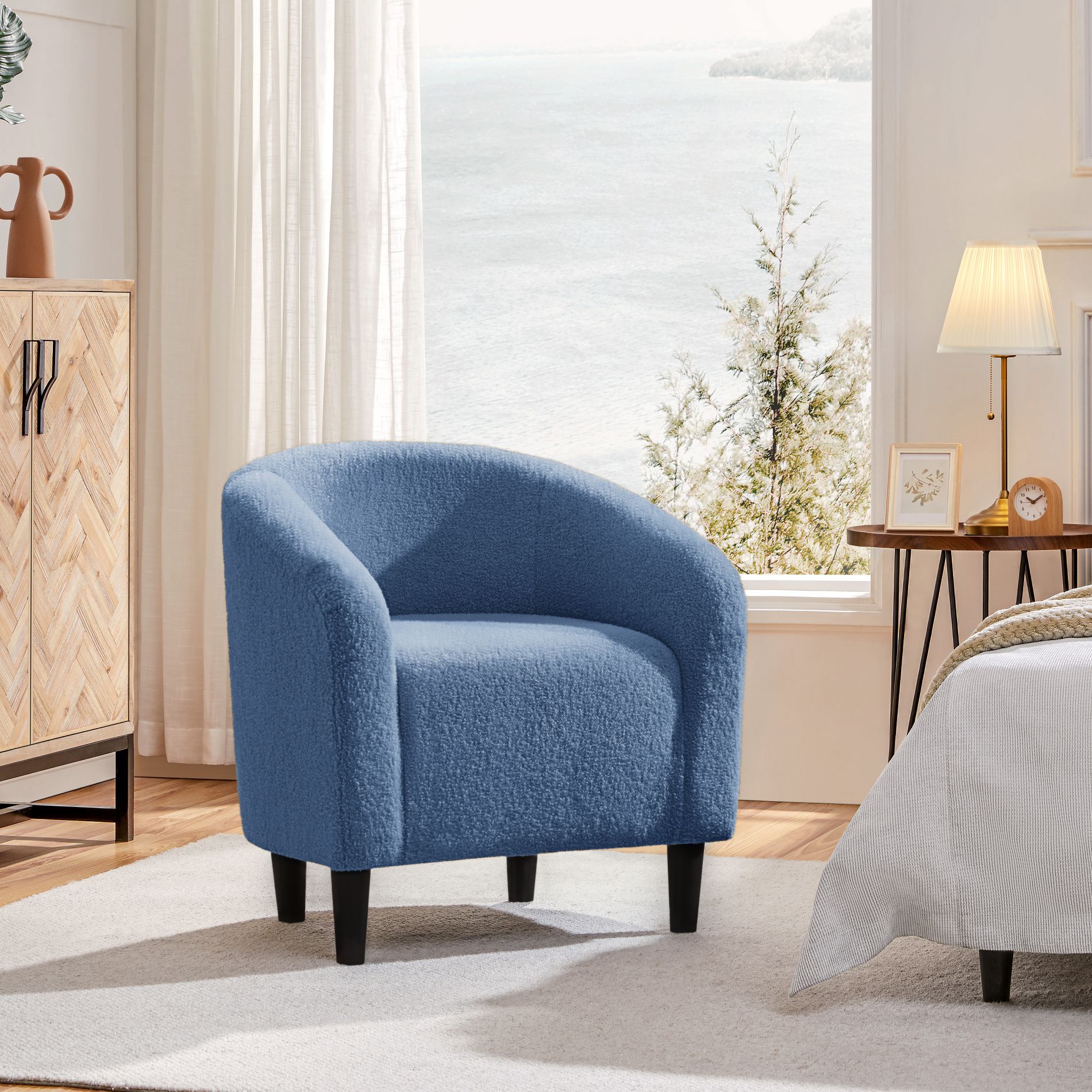 Yaheetech Boucle Barrel Accent Chair, Upholstered Armchair for Living Room, Bedroom, Office & Reception Room, Blue