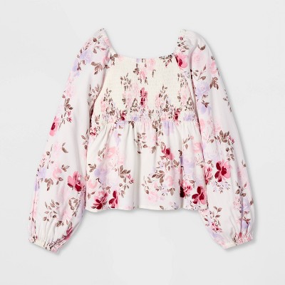 Cat & Jack Girls' Long Sleeve Smocked Floral Printed Top - Cat & Jack™ Cream M — фото 2