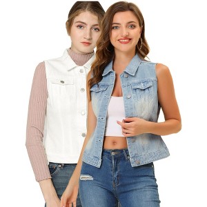 INSPIRE CHIC Women's Buttoned Washed Denim Vest with Faux Chest Flap Pockets 2 Packs - 1 of 4