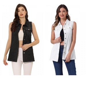 INSPIRE CHIC Women's Sleeveless Casual Button-Down Side Pockets Long Jean Vests 2 Packs - 1 of 4