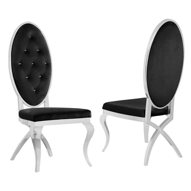 Tufted Velvet Dining Chairs in Black with Silver Stainless Steel (Set of 2), 1 of 3