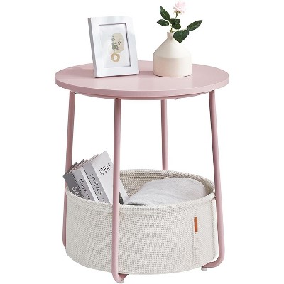 Small Round Side End Table, Modern Nightstand with Fabric Basket