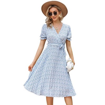WhizMax Women's Dress Floral Wrap V Neck Pleated Dress Short Puff Sleeve Flowy A Line Midi Dress with Belted