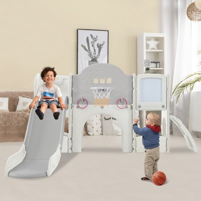 Kids Slide Playset Structure 9 in 1, Freestanding Spaceship Set with Slide and Basketball Hoop for Toddlers, Kids Climbers Playground