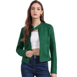 Allegra K Women's Faux Suede Stand Collar Zip Up Long Sleeve Moto Biker Jacket - 1 of 4