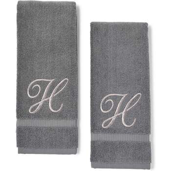 Juvale 2 Pack Letter H Monogrammed Hand Towels, Gray Cotton Hand Towels with Silver Embroidered Initial H for Wedding Gift, Baby Shower, 16 x 30 in