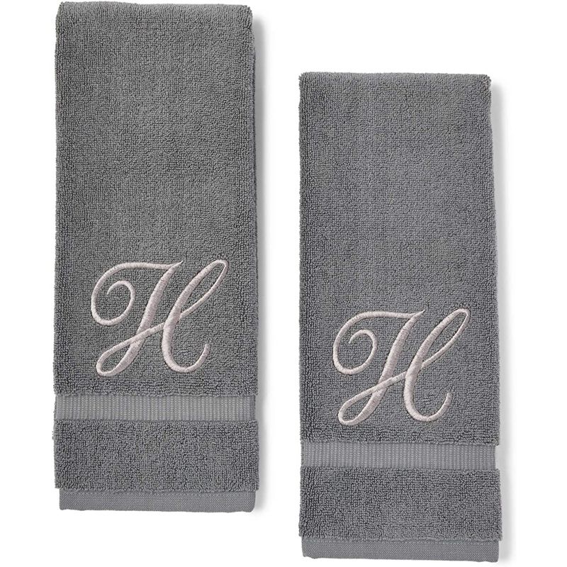 Juvale 2 Pack Letter H Monogrammed Hand Towels, Gray Cotton Hand Towels with Silver Embroidered Initial H for Wedding Gift, Baby Shower, 16 x 30 in, 1 of 5