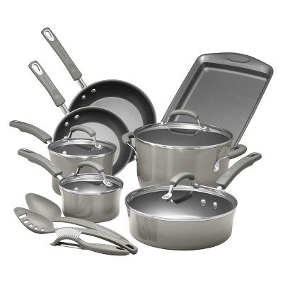 Rachael Ray Classic Brights 14pc Porcelain Enamel Nonstick Cookware Set Gray