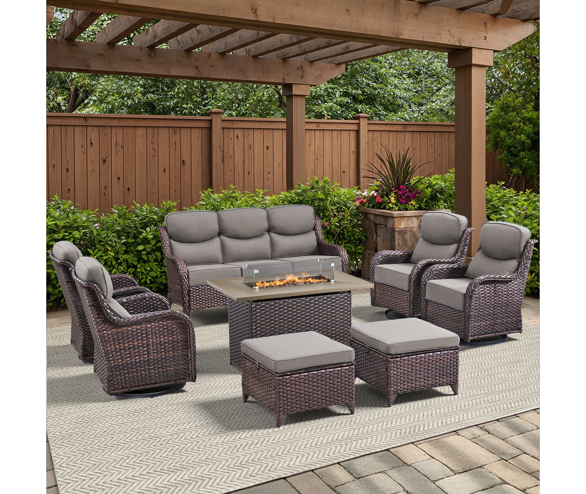 Belord High Back Outdoor Furniture with 6-Inch Thick Cushion, Patio Furniture Set with Fire Pit Table & Swivel Chair, 8PCS Wicker Conversation Set