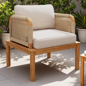 Outdoor Patio Acacia Wood Rope Weave Arm Chair with Water-Repellent Cushions - 1 of 4