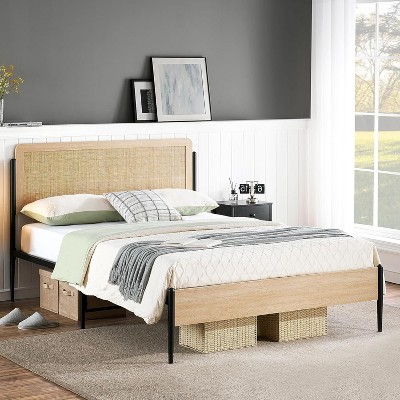 Bed Frame with Natural Rattan Headboard & Solid Wood Footboard, Under Bed Storage Space, No Box Spring Needed, Oak
