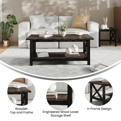 Dark Gray Solid Wood Farmhouse Coffee Table with Lower Shelf
