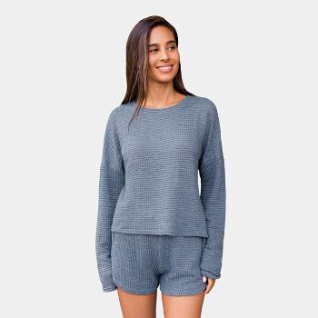 Women's Slate Waffle Knit Long Sleeve Top & Shorts Pajama Set - Cupshe