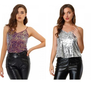 Allegra K Women's Sequined Shining Adjustable Straps Party Sparkle Cami Top 2 Packs - 1 of 4