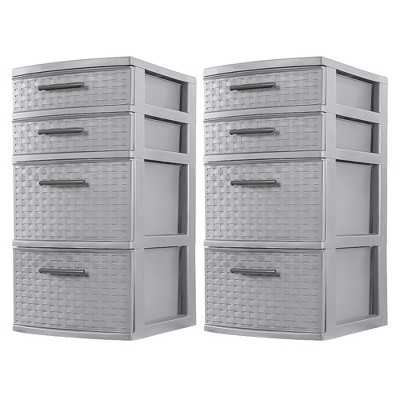 Sterilite 26226A02 Plastic 4 Drawer Organizer Storage Tower with Medium Weave Drawer Fronts and Easy-Pull Handles, Gray (2 Pack)