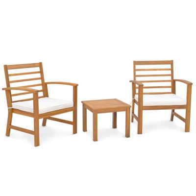 Tangkula 3PCS Furniture Set Acacia Wood Conversation Set w/ Soft Seat Cushions Outdoor White