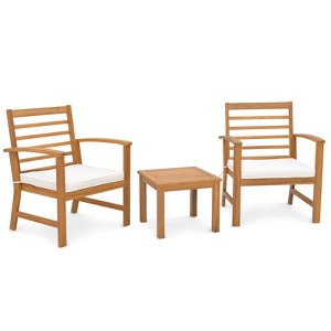 Tangkula 3PCS Furniture Set Acacia Wood Conversation Set w/ Soft Seat Cushions Outdoor White - 1 of 3