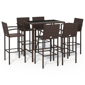 vidaXL - Modern 7-Piece Patio Bar Set with Rectangular Table - Weather-Resistant Outdoor Garden Furniture - Brown PE Poly Rattan Bar Table and Stools - 1 of 4