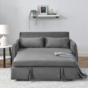 VASIP 55" Modern Convertible Velvet Sofa Bed  Double Pull-Out Bed with 2 Pillows, Detachable Arm Pocket Living Room Adjustable Grid Armrests - 1 of 4