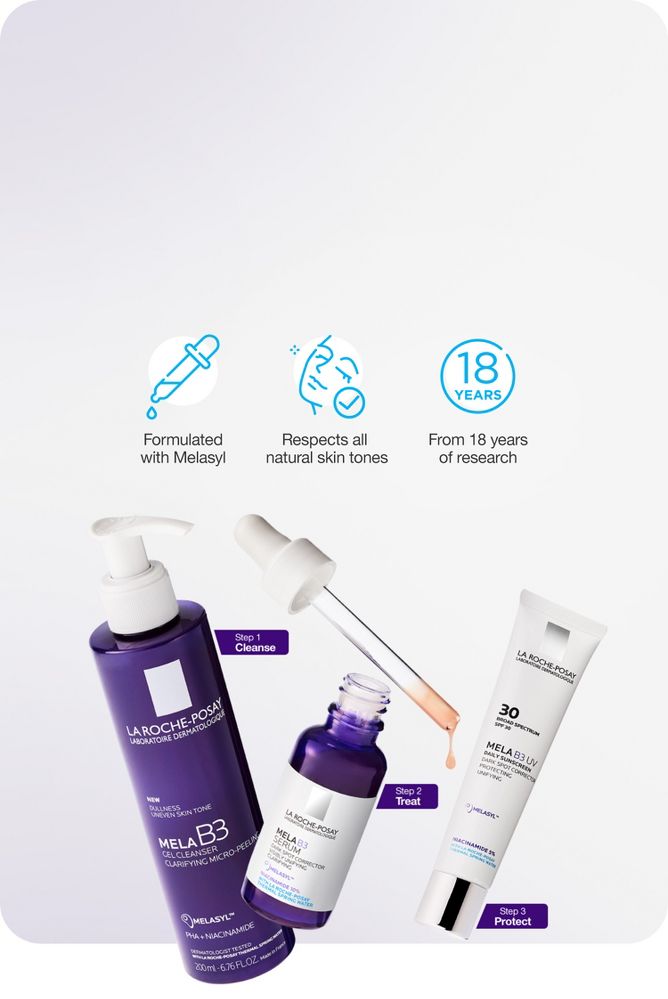 Step 1 Cleanse. Step 2 Treat. Step 3 Protect. 
Formulated with Melasyl. Respects all natural skin tones. From 18 years of research.