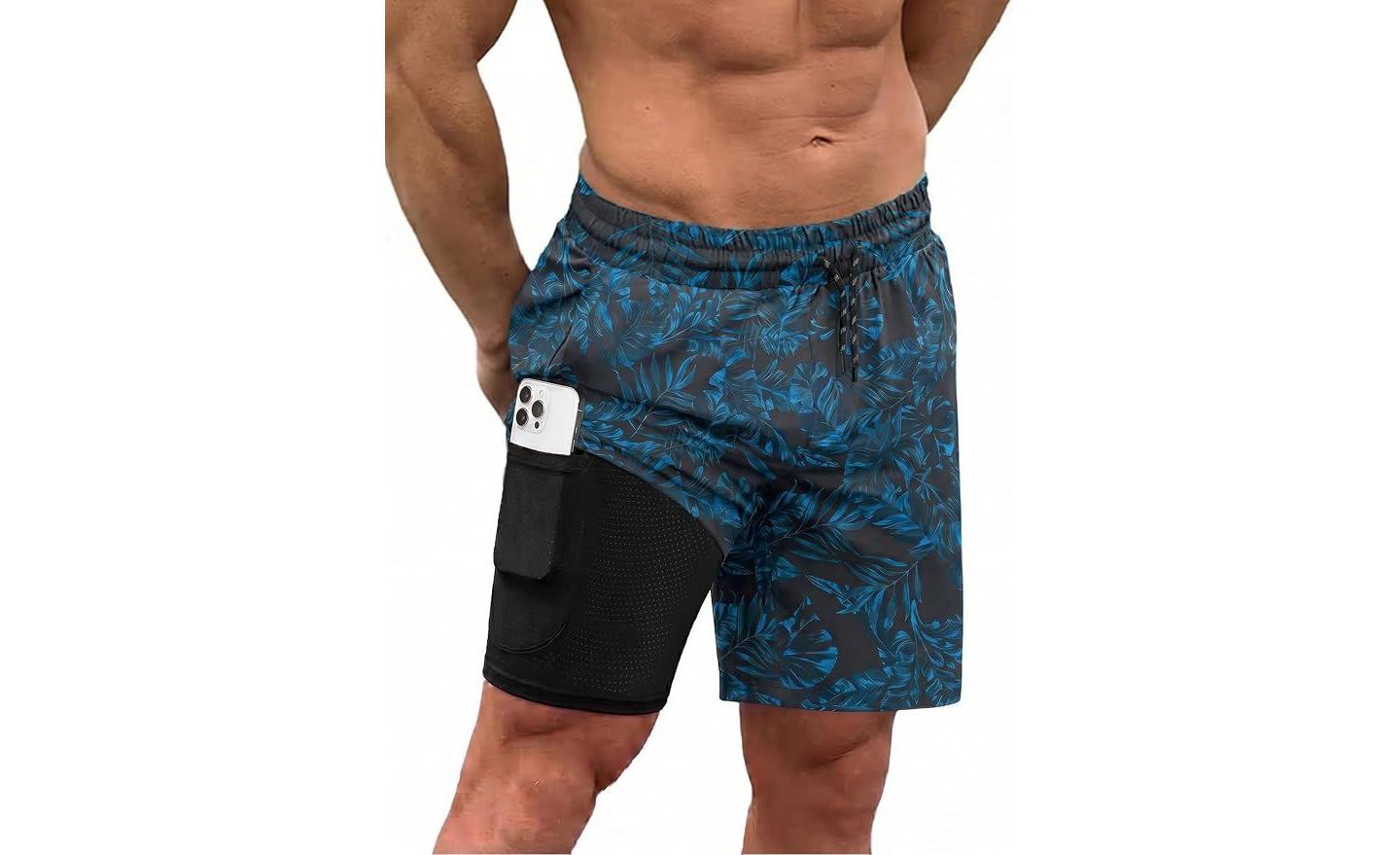 Мужские шорты COOFANDY Men Swim Trunk with Compression Liner 2 in 1 Swimwear Bathing Suit Quick Dry Board Short Black Plam Leaf M, цвет: Чёрный — фото 1