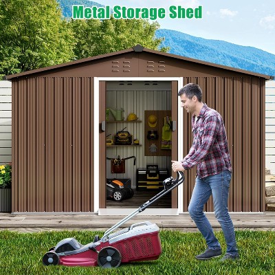 10x10FT Outdoor Waterproof Metal Storage Shed with Lockable Door and Vents, Large Garden Tool Shed for Tool Equipment Garbage Can Bike Mower, Brown