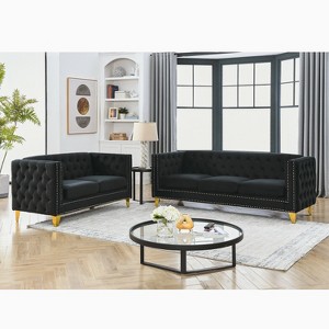 TiramisuBest 80" 3-Seater Tufted Velvet Sofa with Rolled Arms & Nailhead Trim, Black for Living Room, Bedroom & Office,3S+3S - 1 of 4
