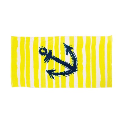 Beachcombers 29.5" x 59" Blue Brush Stroke Anchor Yellow Stripe Cotton Beach Towel