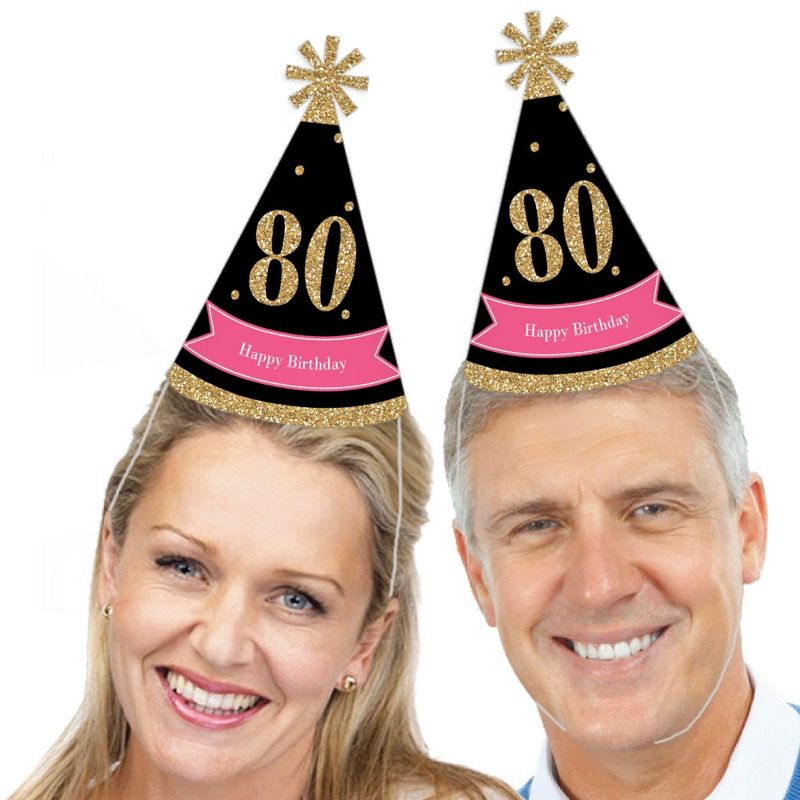 Big Dot of Happiness Chic 80th Birthday - Pink, Black and Gold - Cone Happy Birthday Party Hats for Adults - Set of 8 (Standard Size), 2 of 8