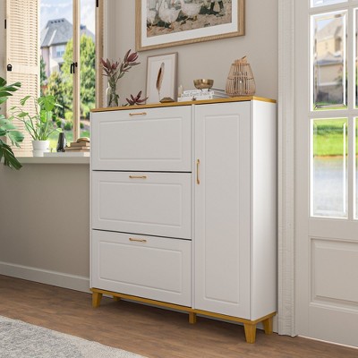 Homsee White Shoe Storage Cabinet With Foldable Compartments And Drawer ...