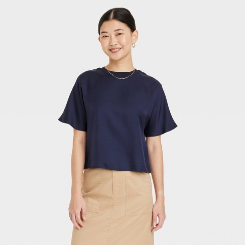 Women's Short Sleeve Woven T-Shirt - A New Day™ Navy XS