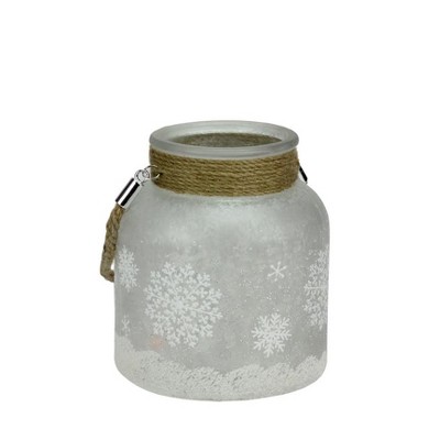 Northlight 6.25" Iced with Glittered Snowflakes Pillar Candle Holder Lantern with Handle - White