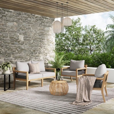 Freya Light Brown Acacia Wood Outdoor Seating Set with Gray Cushions