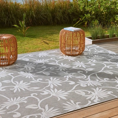 Gray and Ivory Floral Flatweave Indoor/Outdoor Area Rug, 9x13