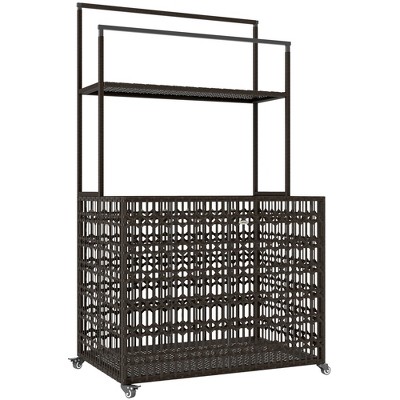 Outsunny Rattan Pool Float Storage Organizer, Wheeled Pool Caddy with Basket Shelf Towel Bars