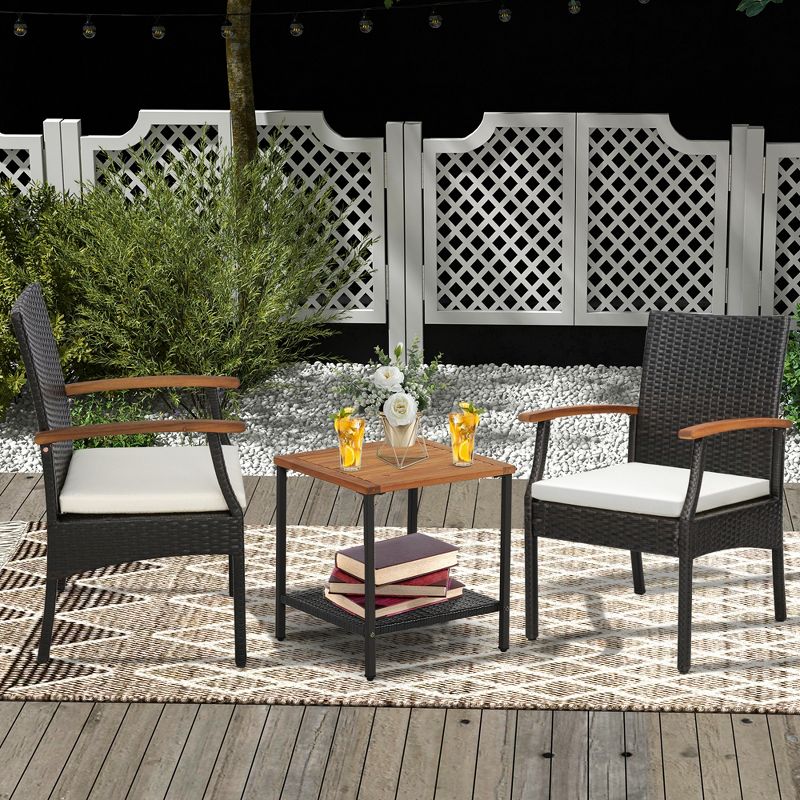 Costway Patio PE Wicker Chairs Acacia Wood Armrests with Soft Zippered Cushion Balcony, 2 of 10