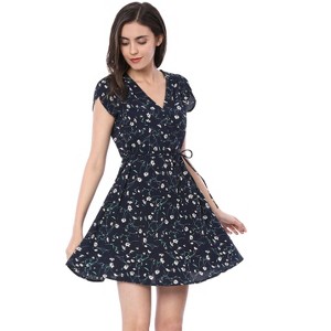 Allegra K Women's Boho Crossover V Neck Petal Sleeves Belted Floral Flowy Dress - 1 of 4