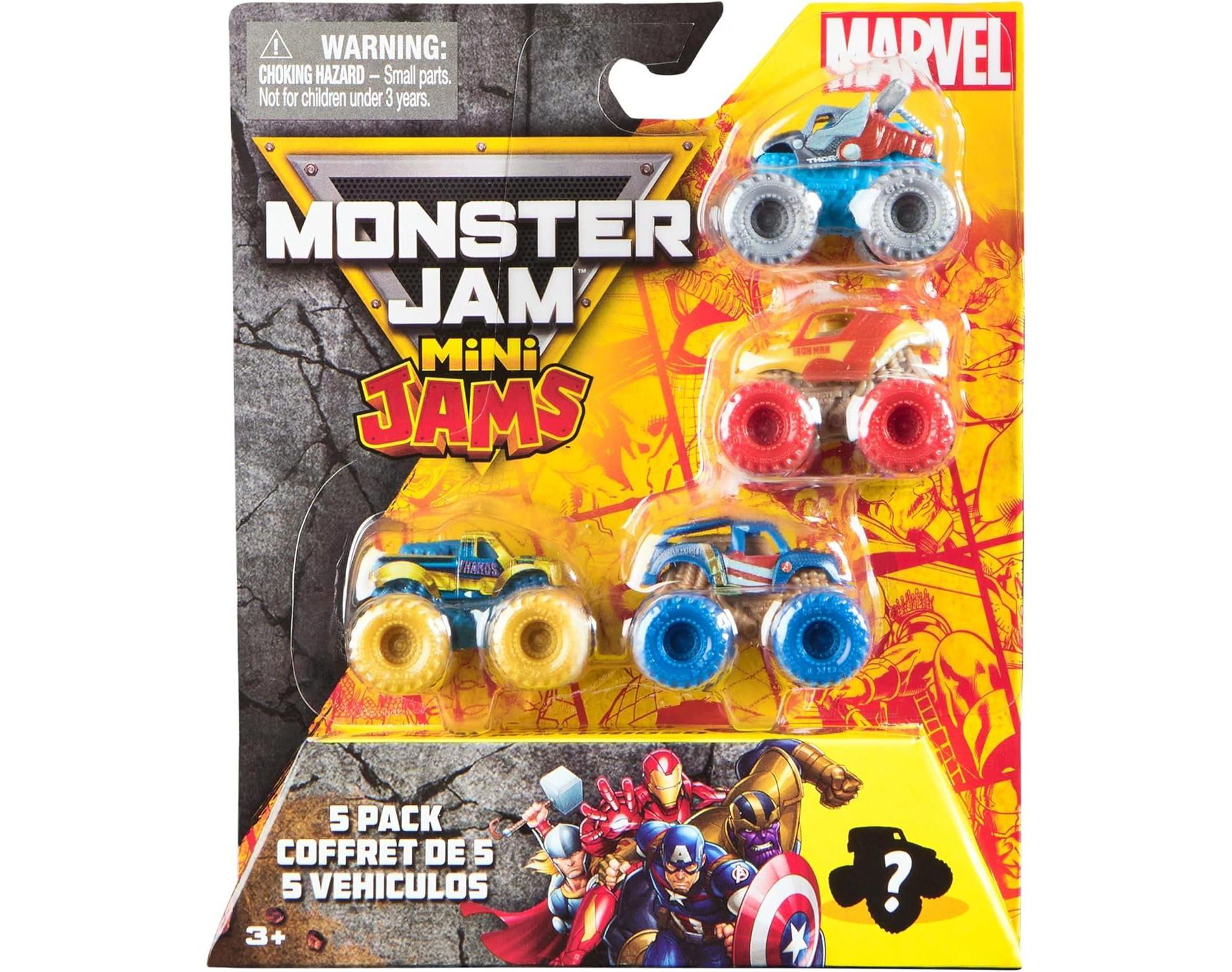 Monster Jam Marvel Mini 5-Pack Collectible Mini Trucks 1:87 Scale with Iron Man, Captain America, Thor, Thanos & Mystery Truck