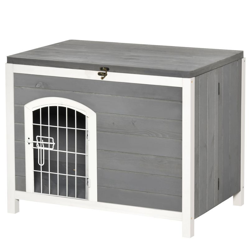 PawHut Foldable Wooden Dog House Raised Puppy Cage Kennel Cat Shelter for Indoor & Outdoor w/ Lockable Door Openable Roof Removable Bottom Gray, 4 of 7